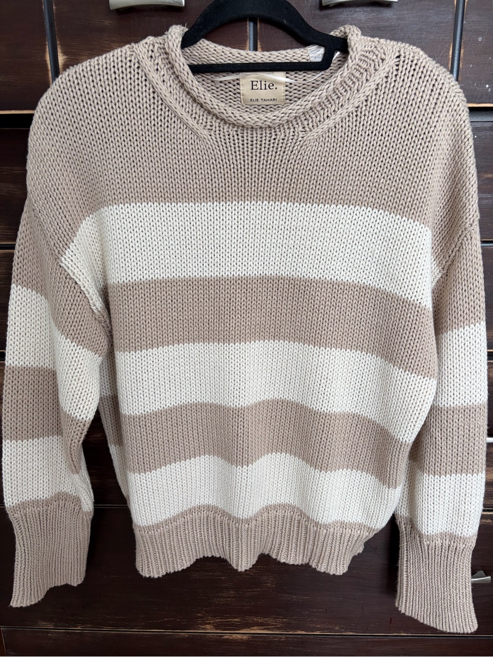 Elie Tahari Cream and Tan Striped Crewneck Sweater/Size Large